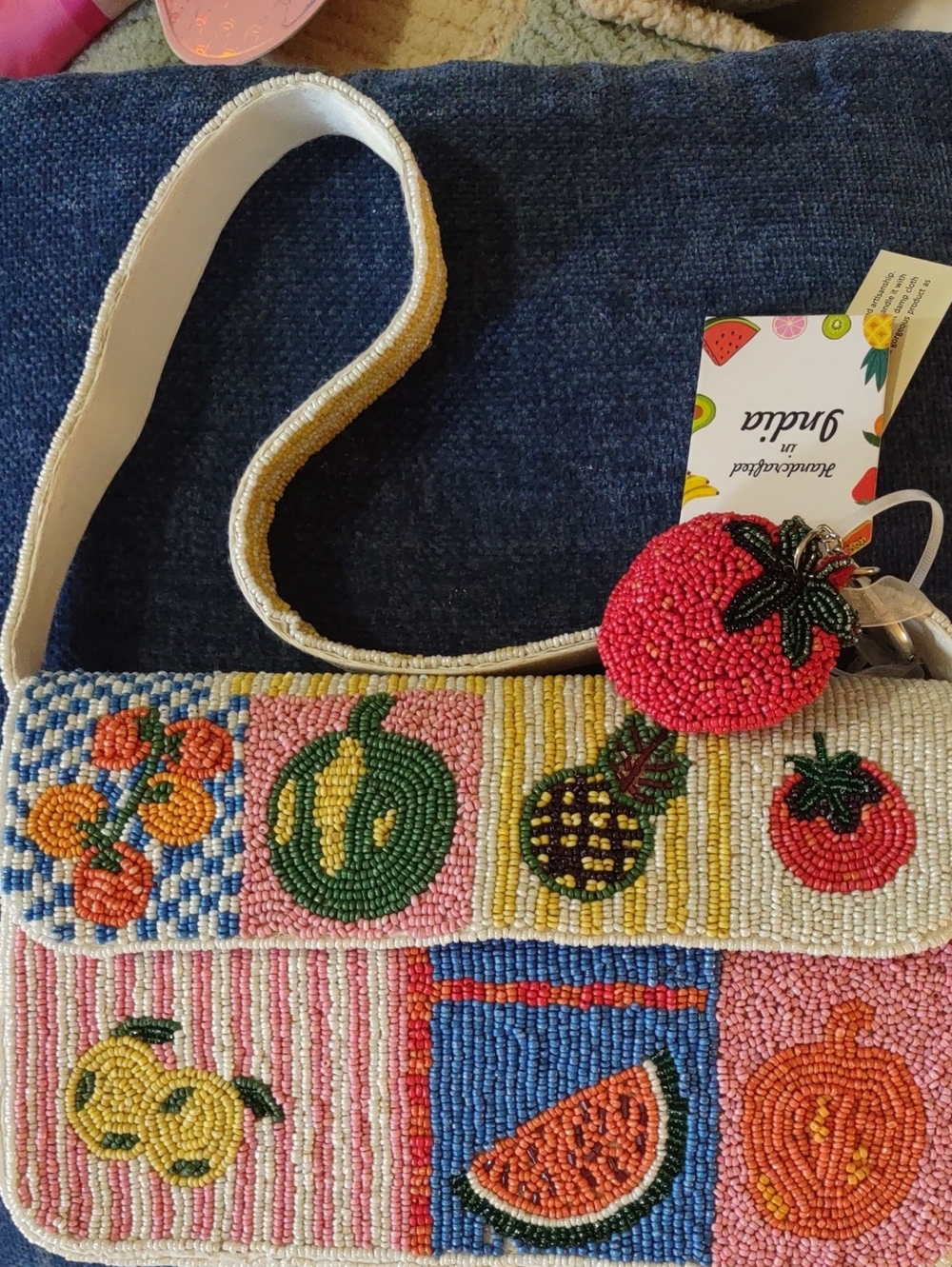NWTS! Made In India-VIRAL Handcrafted Beaded Patchwork Fruit With Tomato Charm